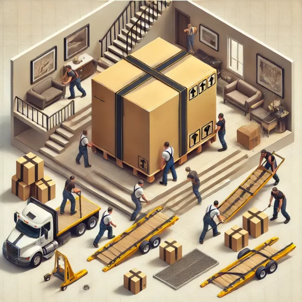 DALL·E 2024-09-18 15.19.12 - A detailed and informative image showing heavy safety box moving techniques. The image should depict professionals using the right tools like furnitur
